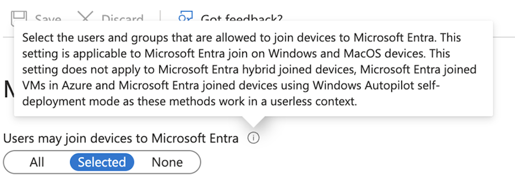 Figure 2: Warning message showing that Entra-joined VMs can still be created by users, even when controls are in place to restrict device joins