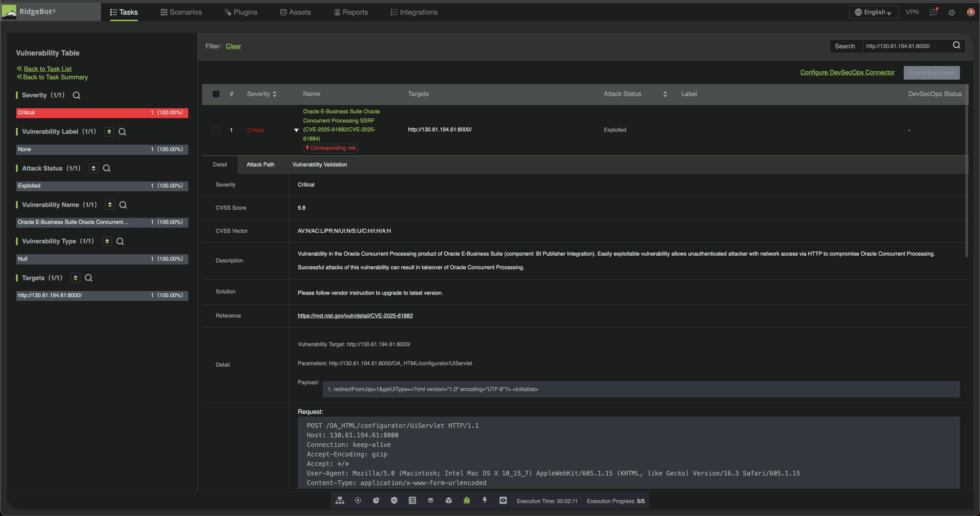 Figure 1: Screenshot of RidgeBot’s detection of Oracle EBS CVEs