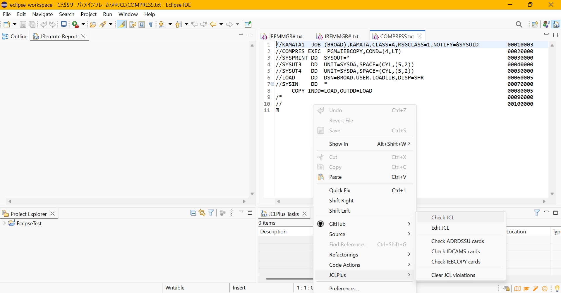 対象のJCL画面から右クリックでパネルを表示しCheck JCLを選択