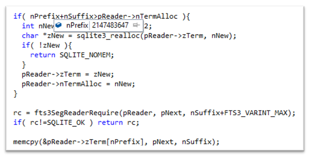 memcpy（）クラッシュの上のスタックフレームにある脆弱なSQLiteコード